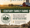 Century Family Farms flyer featuring old barns and silos with green accents and gold wheat art