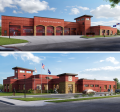  Architectural 3D rendering of the new fire facility - top rendering facing south and bottom rendering facing east