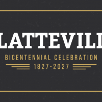 Platteville Bicentennial 1827-2027 Horizontal Graphic - Black Background, White and Gold Lettering and White and Gold Fireworks