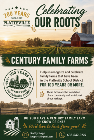 Century Family Farms flyer featuring old barns and silos with green accents and gold wheat art