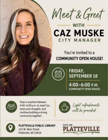 City Manager Meet and Greet Open House Flyer featuring Caz Muske's photo and green graphic icons for Meet, Location, and Calenda