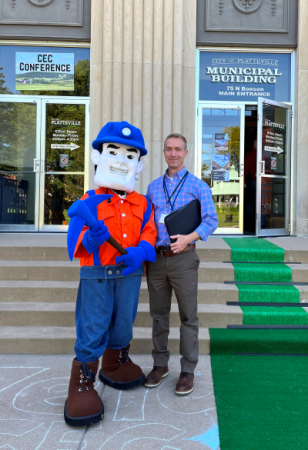 City Manager Clint Langreck with UW-Platteville Pioneer Pete