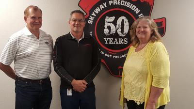 L-R, Gene Weber - LPEC, John Jenkins - executive vice-president of Skyway Precision and Sheri Engelke - LPEC