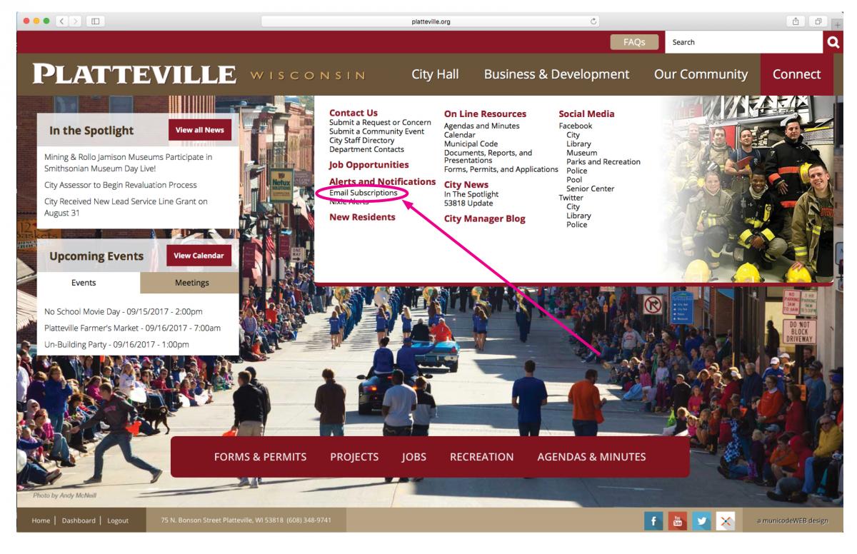 Photo of website circling location of Email Subscriptions