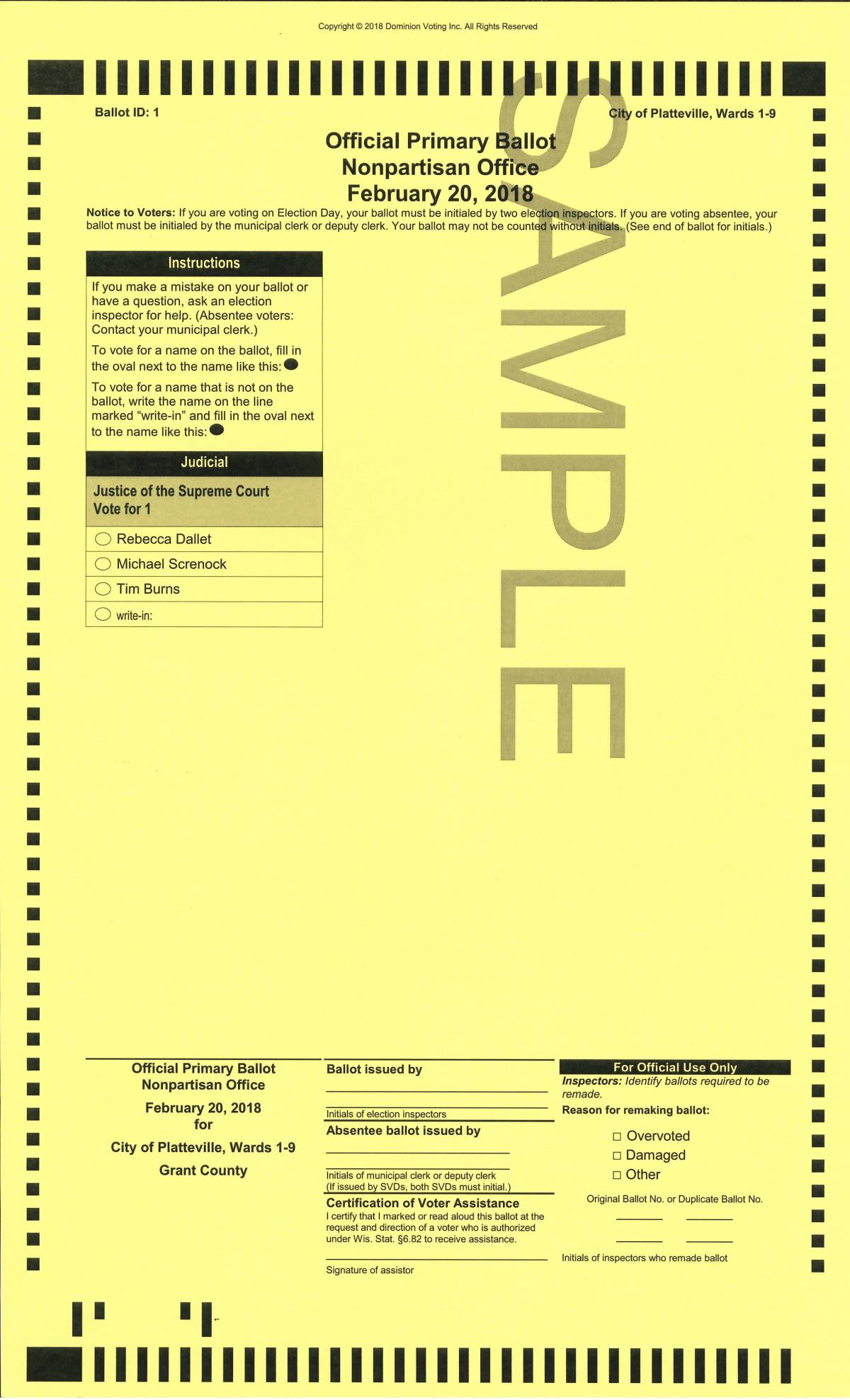 2018 Spring Primary Election Platteville Wisconsin
