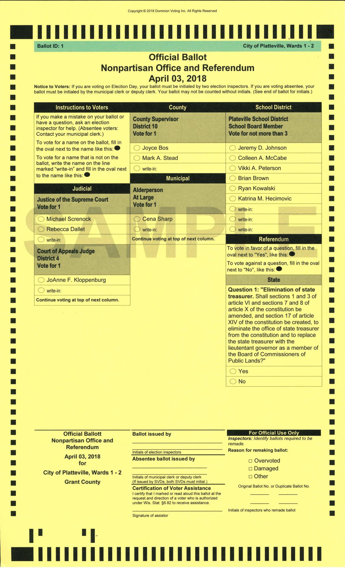 Ward 12, District 1 Sample Ballot Platteville Wisconsin