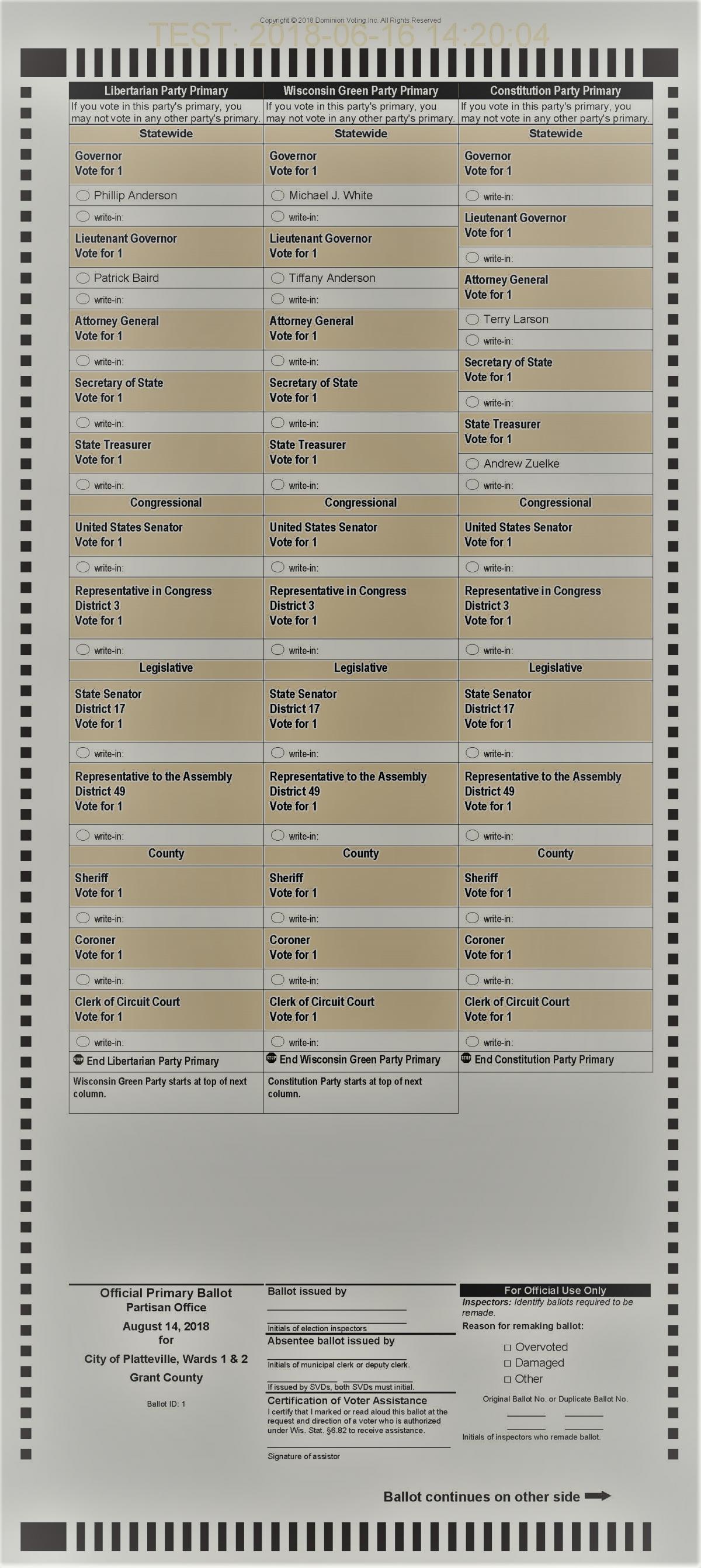 2018 Partisan Primary Ballot-District 1 (Front)