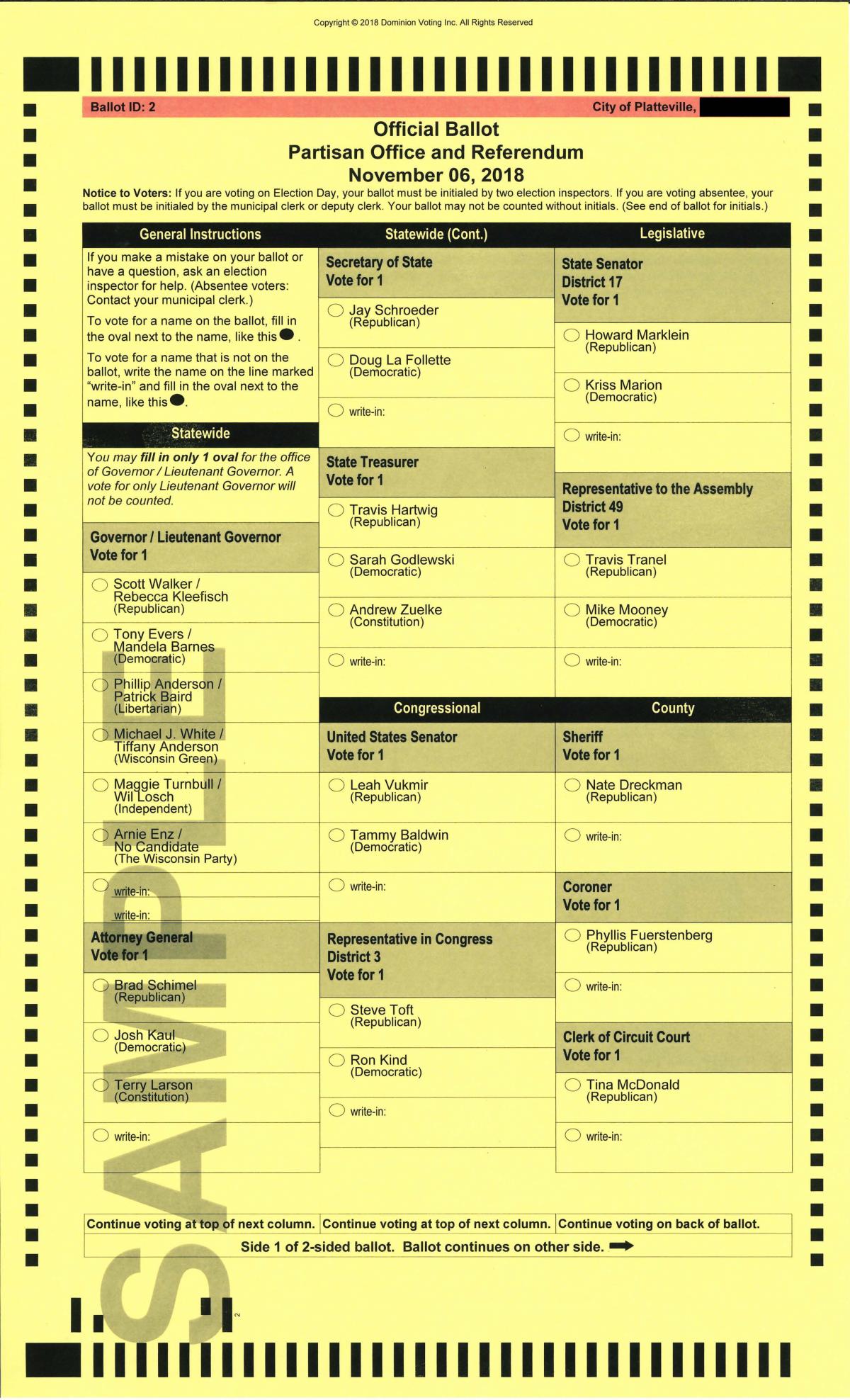 2018 General Election Ballot Front Platteville Wisconsin
