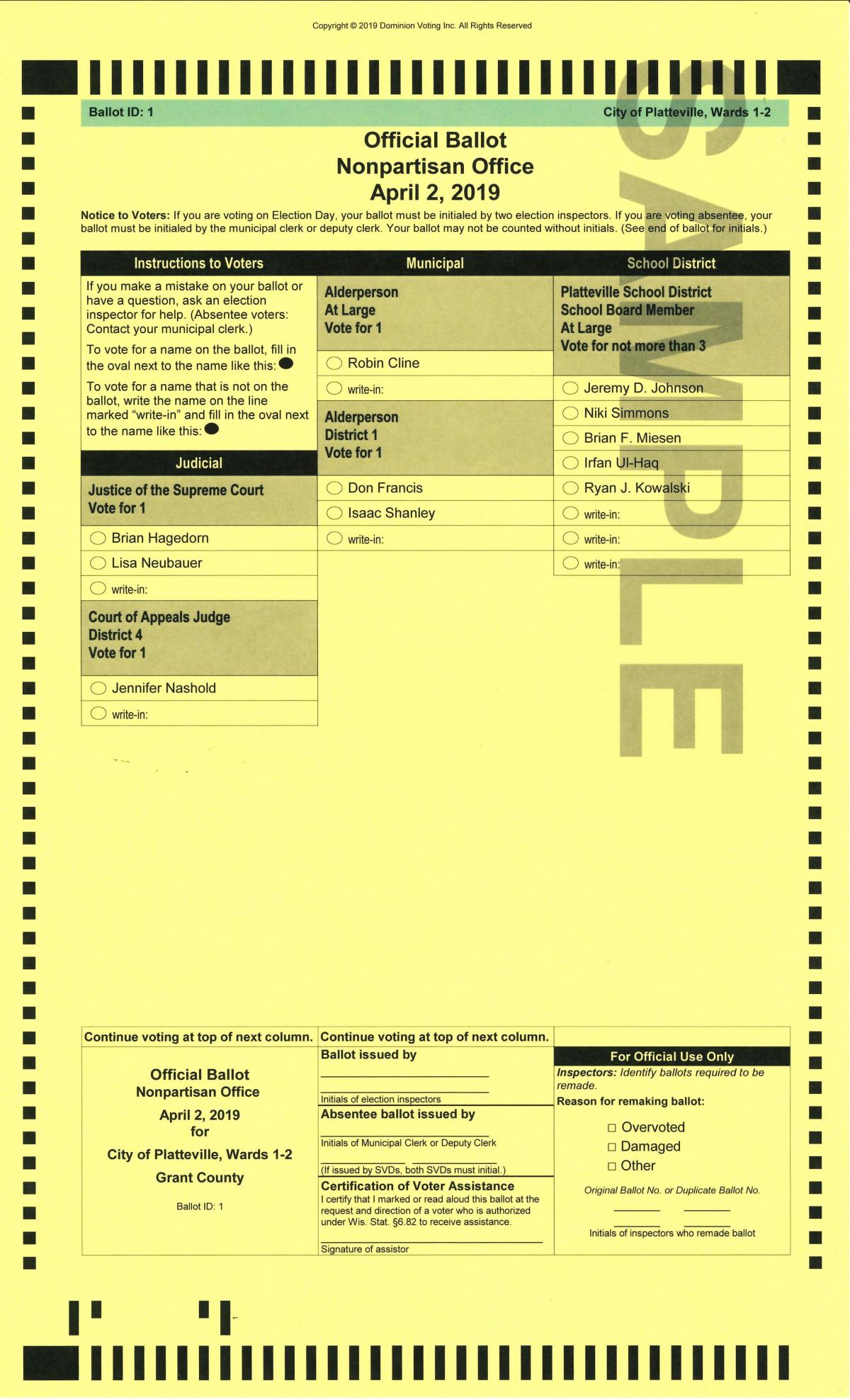 2019 Spring Election Ballot District 1 Platteville Wisconsin
