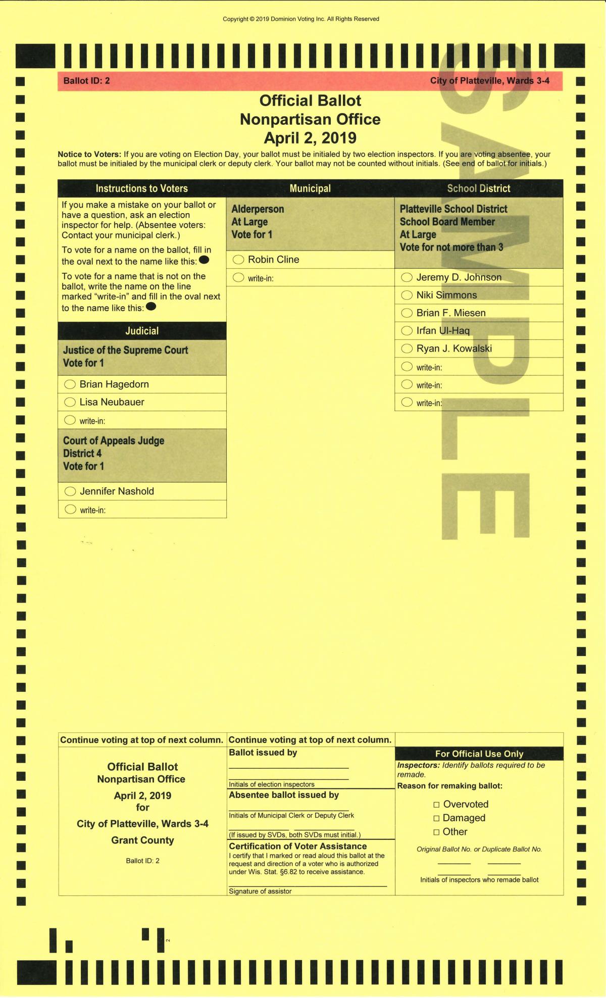 2019 Spring Election Ballot - Districts 2,3,4