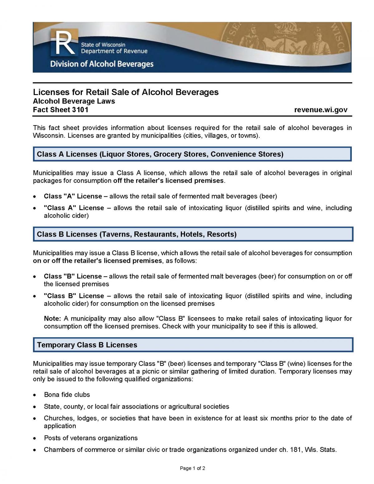Licenses for Retail Sale of Alcohol Beverages