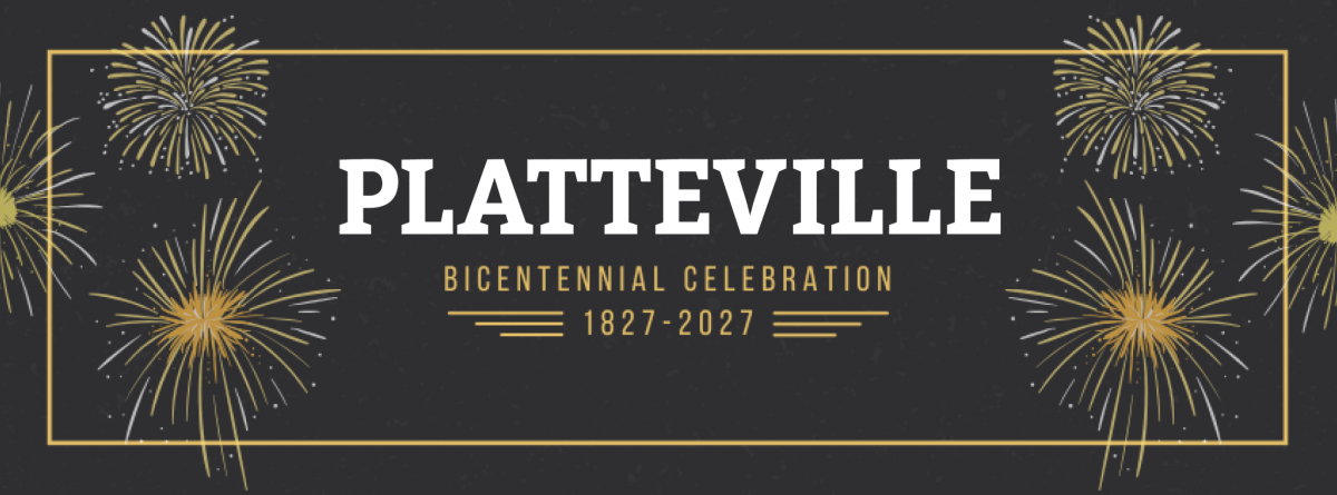 Platteville Bicentennial 1827-2027 Horizontal Graphic - Black Background, White and Gold Lettering and White and Gold Fireworks