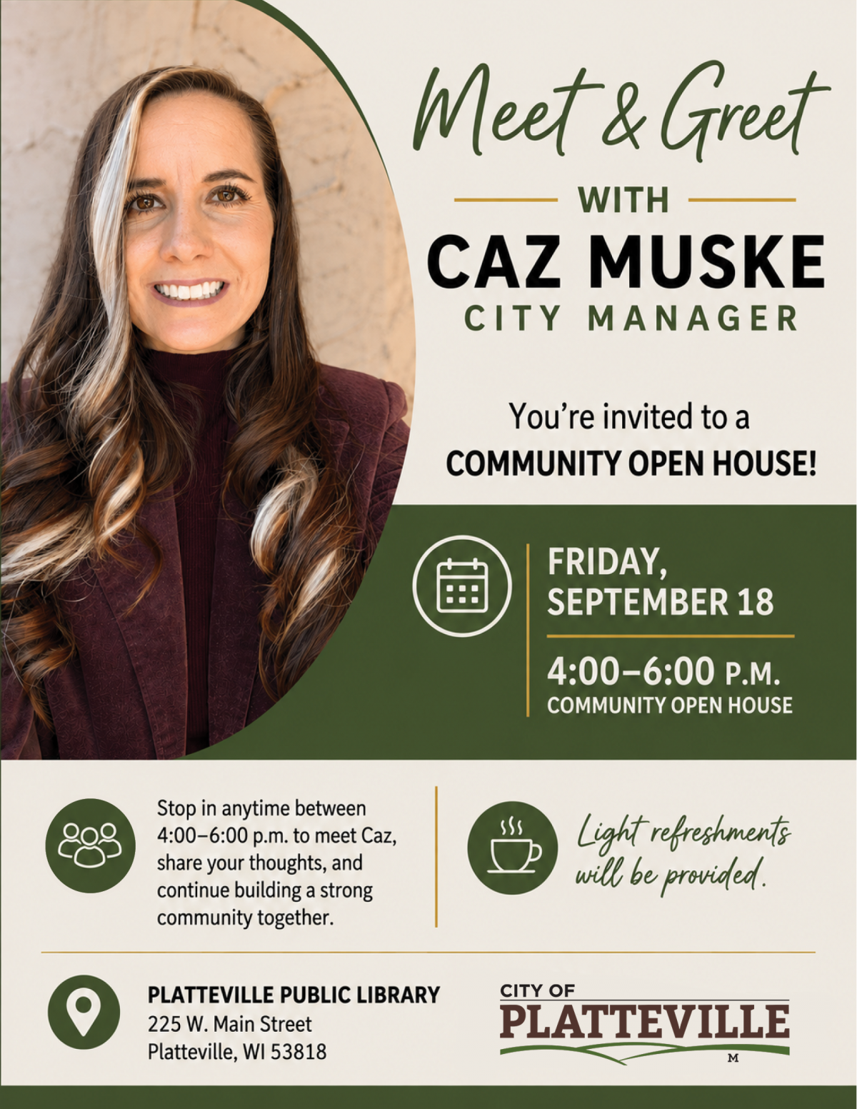 City Manager Meet and Greet Open House Flyer featuring Caz Muske's photo and green graphic icons for Meet, Location, & Calendar