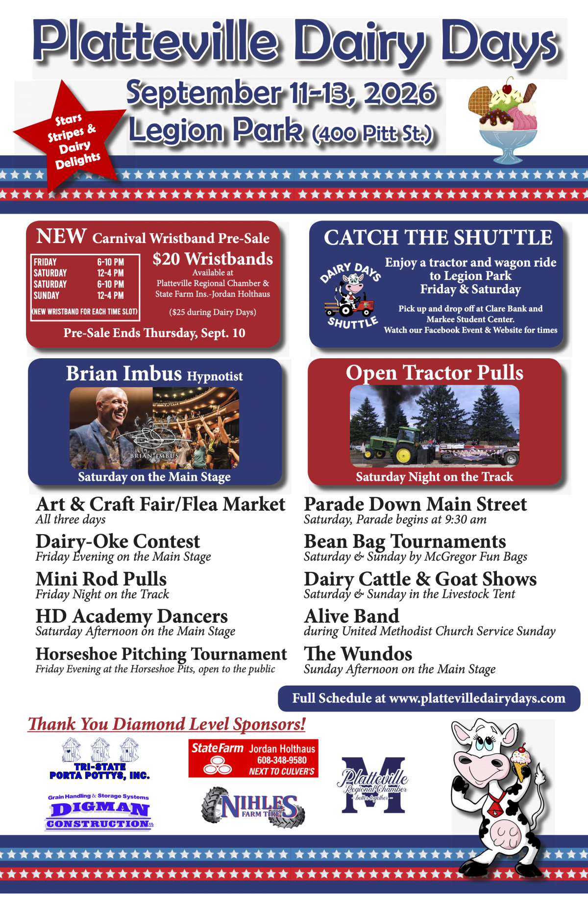 Dairy Days 2026 Poster Featuring specific events for September 11-13. Also features a cow and sponsor logos.