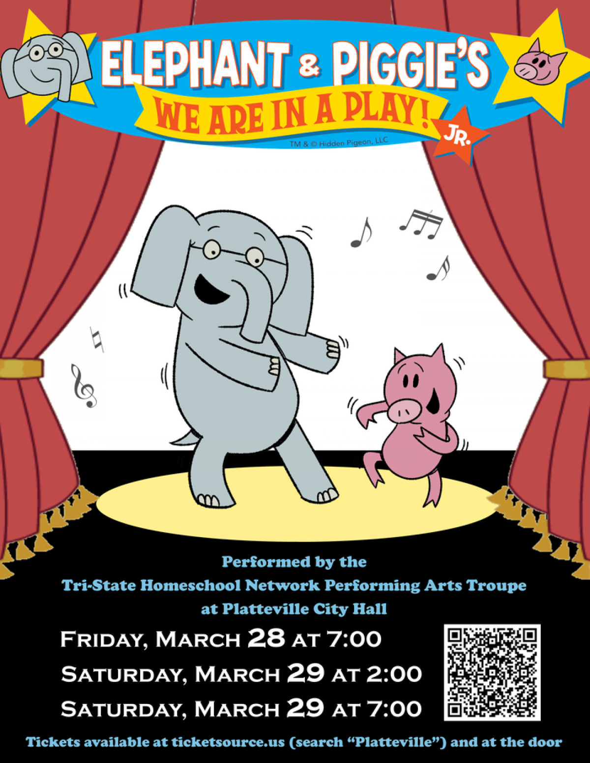 Elephant & Piggie's "We are in a Play!" performance flyer