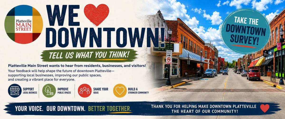 colorful graphic featuring "We Heart Symbol Downtown" including an image of main street