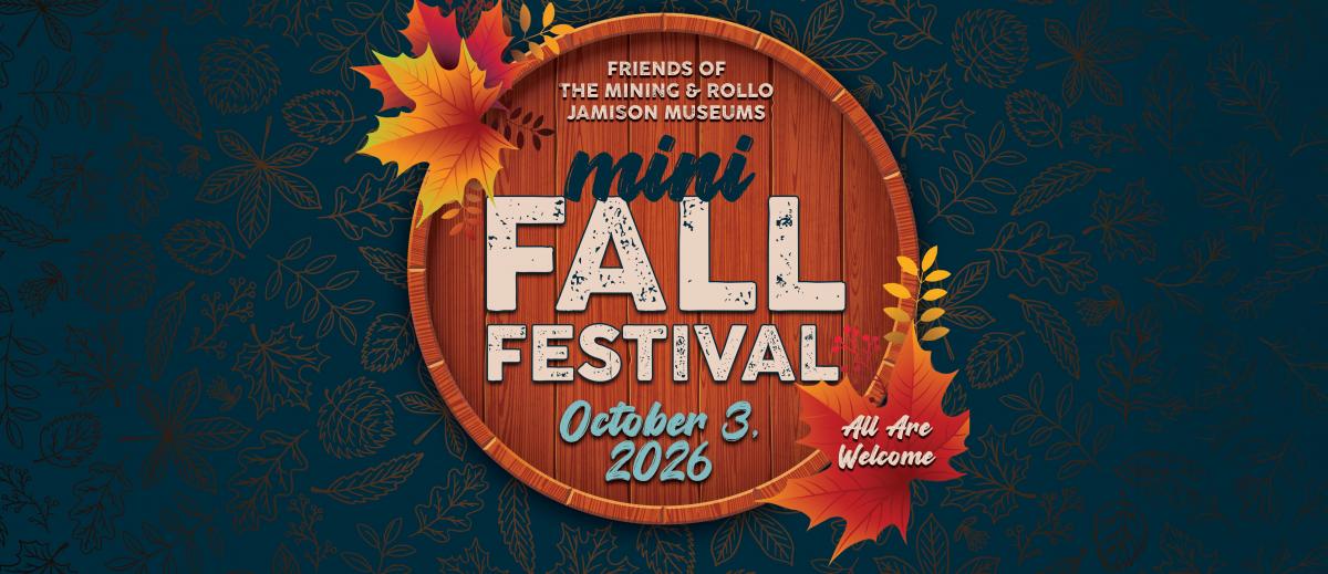Mini Fall Fest Graphic which includes yellow and orange leaves on a wooden circle with a blue and gold leaf background