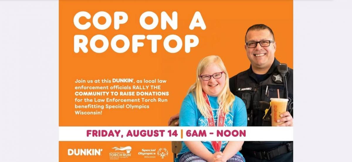 Graphic of Cop on a Rooftop promotion featuring an officer with a special olympian on an orange background 
