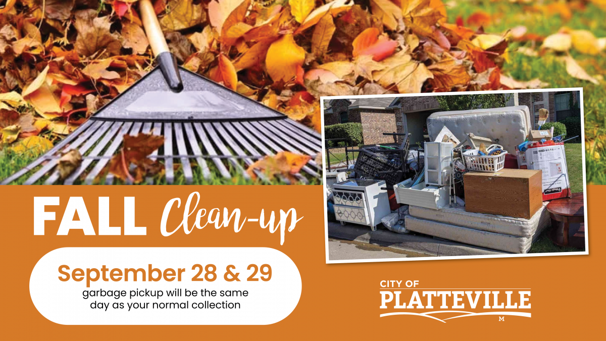Fall Cleanup September 28 and 29 Graphic which includes a rake and leaves and a home items garbage pile