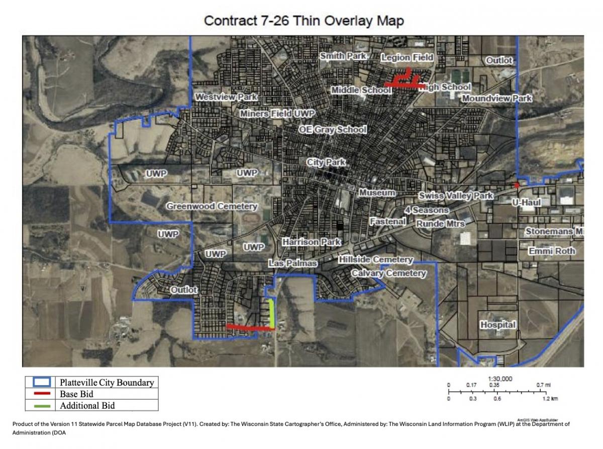 Thin overlay map with affected streets highlighted in Red