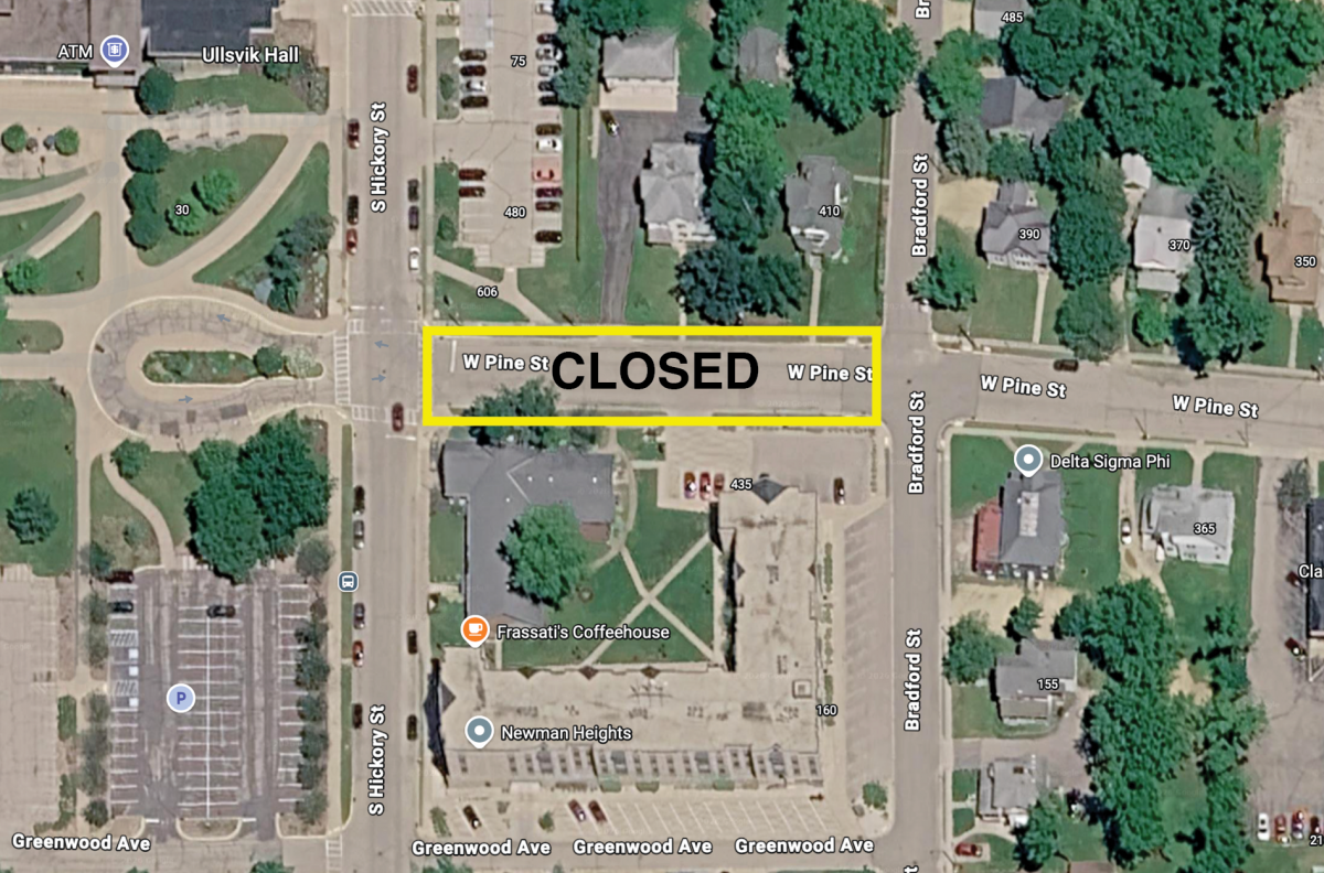 Map image highlighting the area of W Pine Street (between S Hickory Street and Bradford Street) that will be closed